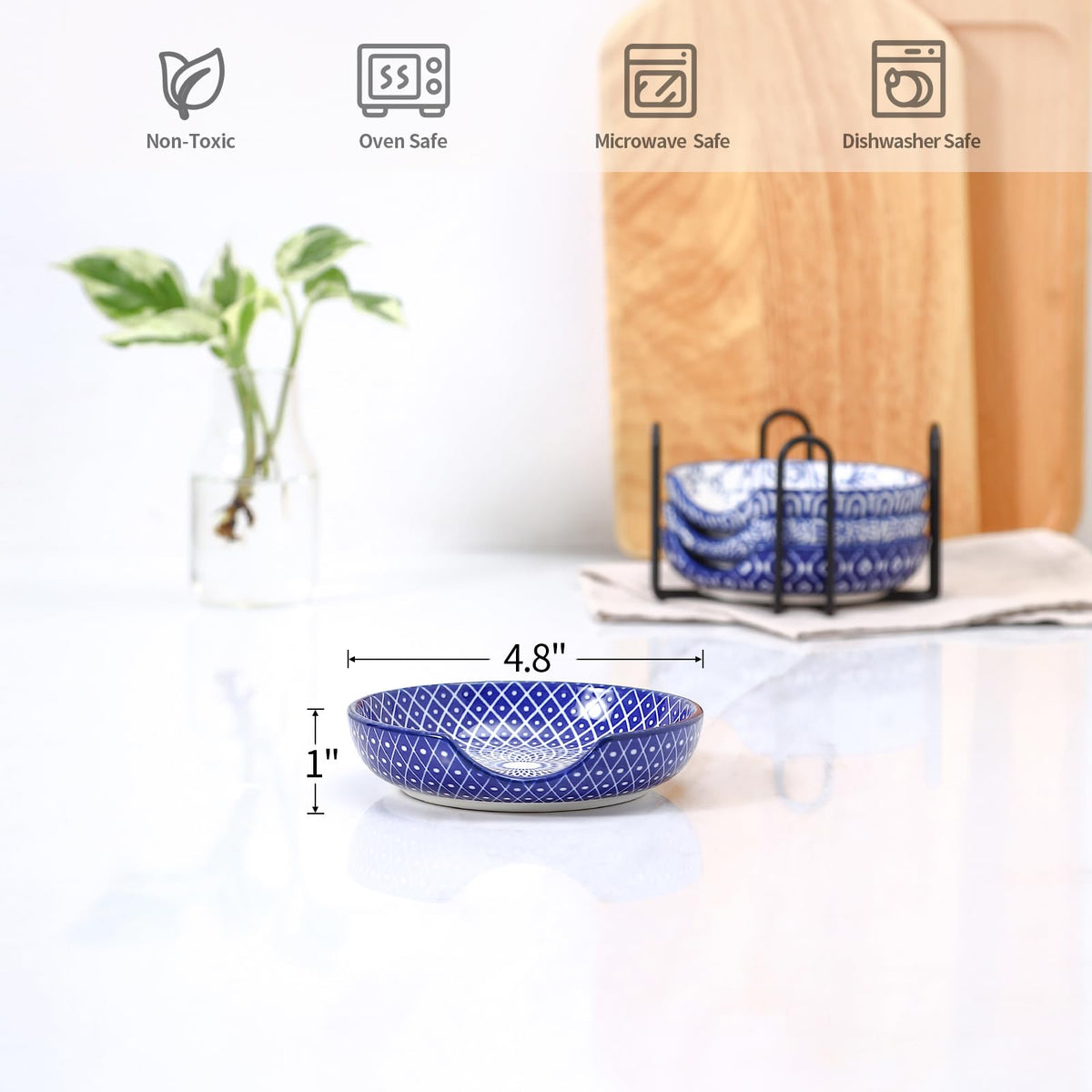 Selamica Ceramic Spoon Rest Set of 4 with Metal Holder – 4.8", Assorted Colors