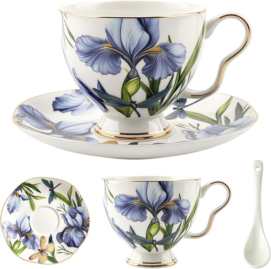Bone China Floral Tea Cup & Saucer Set with Spoon – 7 oz
