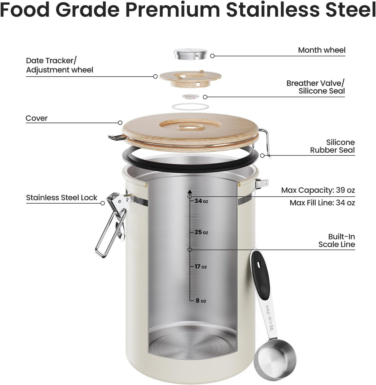 Veken Airtight Coffee Canister 39oz – Gray