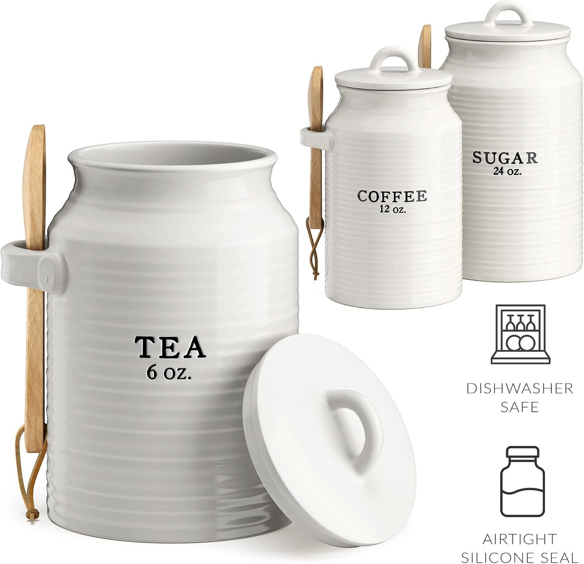 Barnyard Designs Ceramic Kitchen Canister Set of 3 – White Farmhouse, Coffee/Sugar/Tea, Airtight