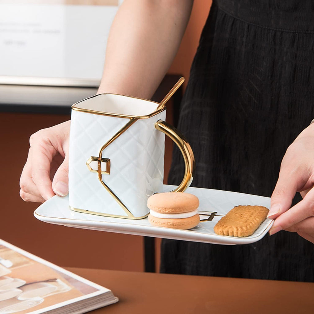 Handbag-Shaped Ceramic Tea & Coffee Mug Set of 4 – Gold Accent, 10 oz