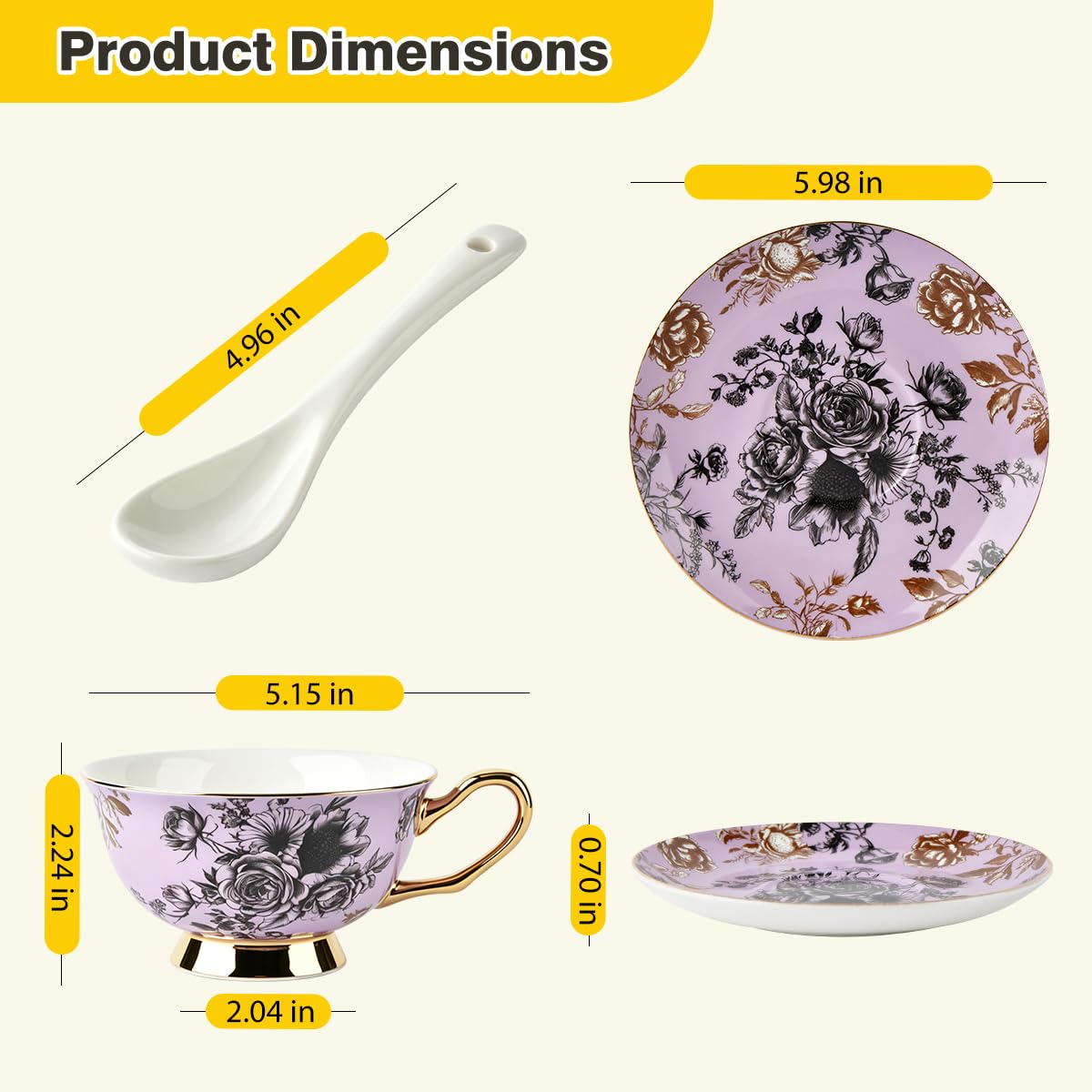 Bone China Floral Tea Cup & Saucer Set with Spoon – 7 oz