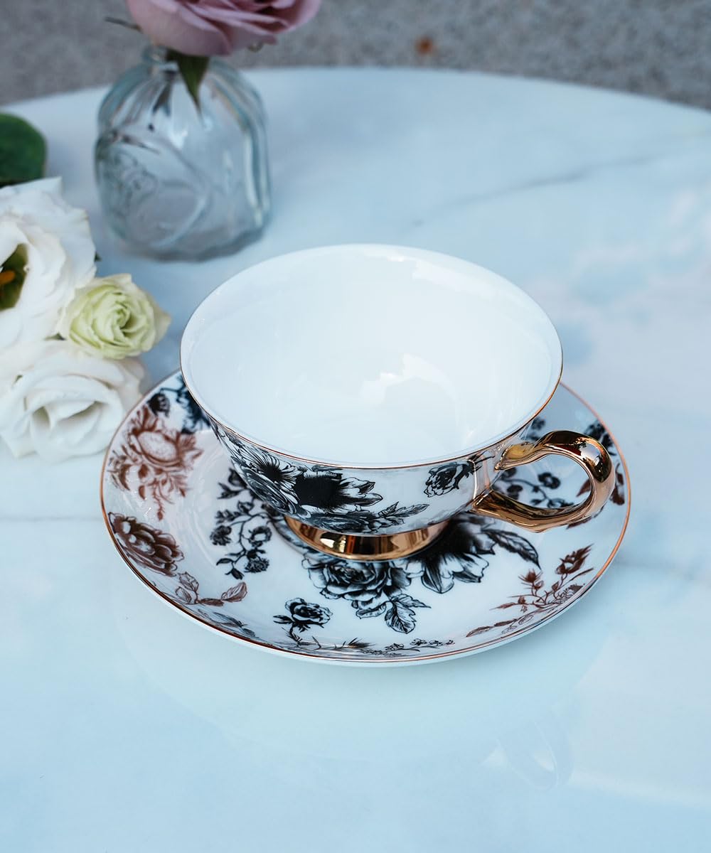 Bone China Floral Tea Cup & Saucer Set with Spoon – 7 oz