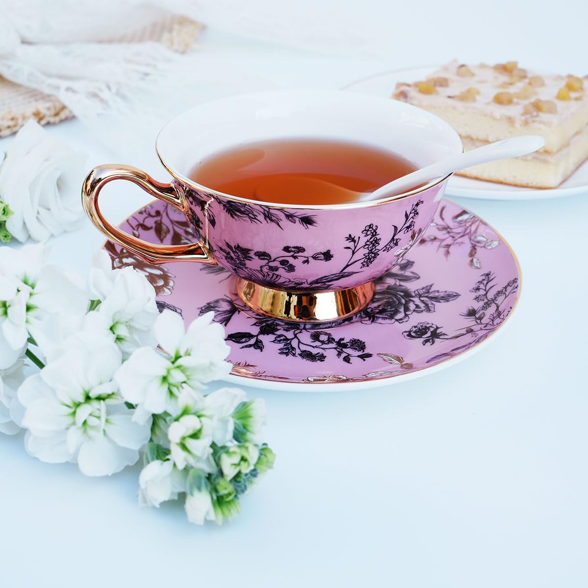 Bone China Floral Tea Cup & Saucer Set with Spoon – 7 oz