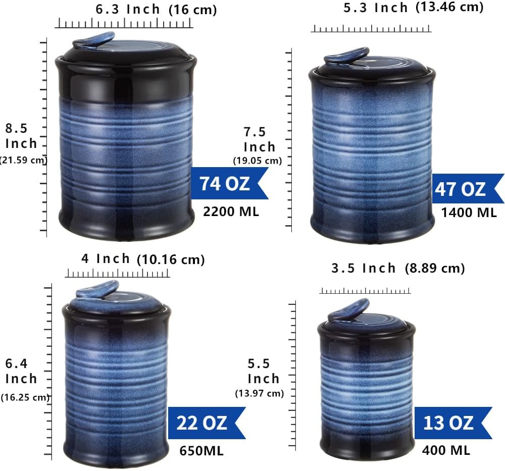 Nihow Blue Ceramic Canister Set of 4 – Airtight Lids, 13/22/47/74 oz, Dishwasher Safe
