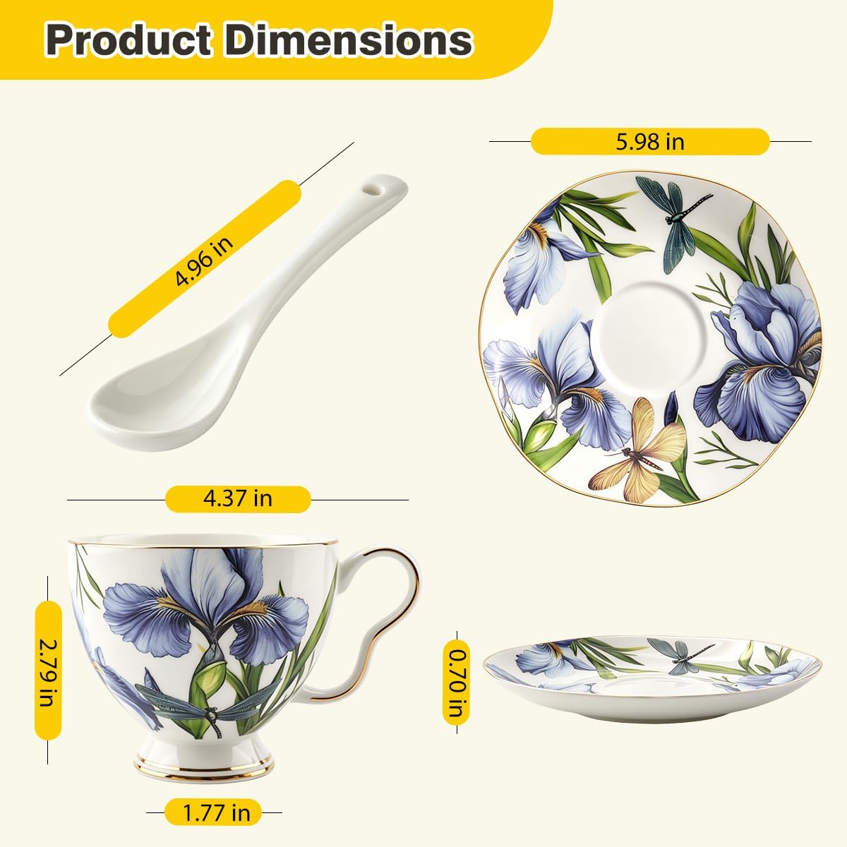 Bone China Floral Tea Cup & Saucer Set with Spoon – 7 oz
