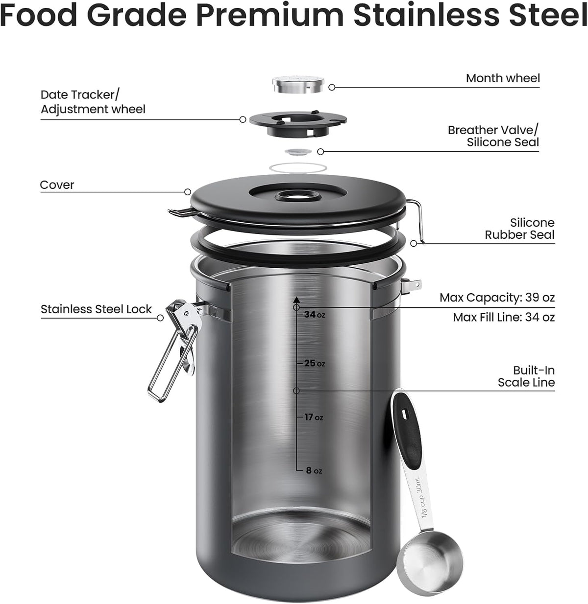 Veken Airtight Coffee Canister 39oz – Gray