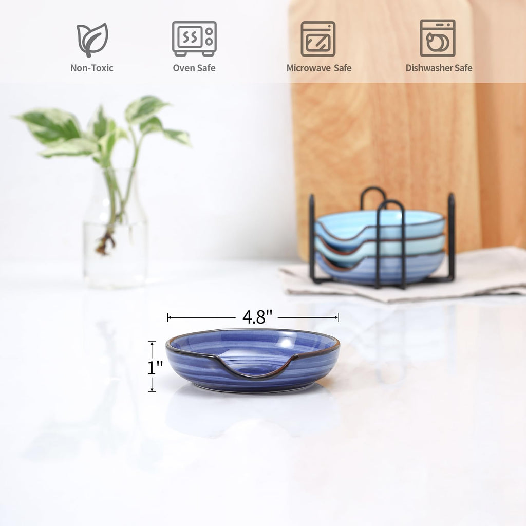 Selamica Ceramic Spoon Rest Set of 4 with Metal Holder – 4.8", Assorted Colors