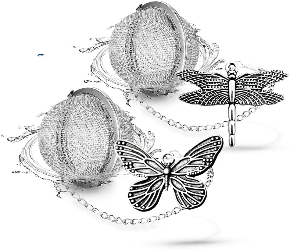 Tea Ball Infuser Set of 2 with Dragonfly & Butterfly Charms – Stainless Steel, Loose Leaf