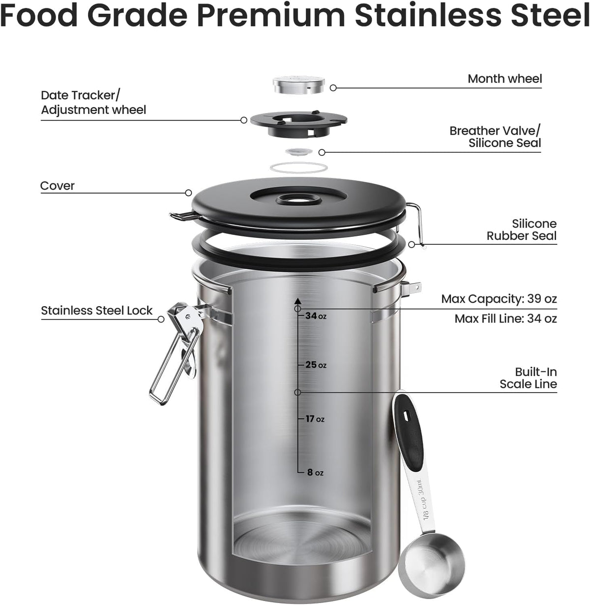 Veken Airtight Coffee Canister 39oz – Gray