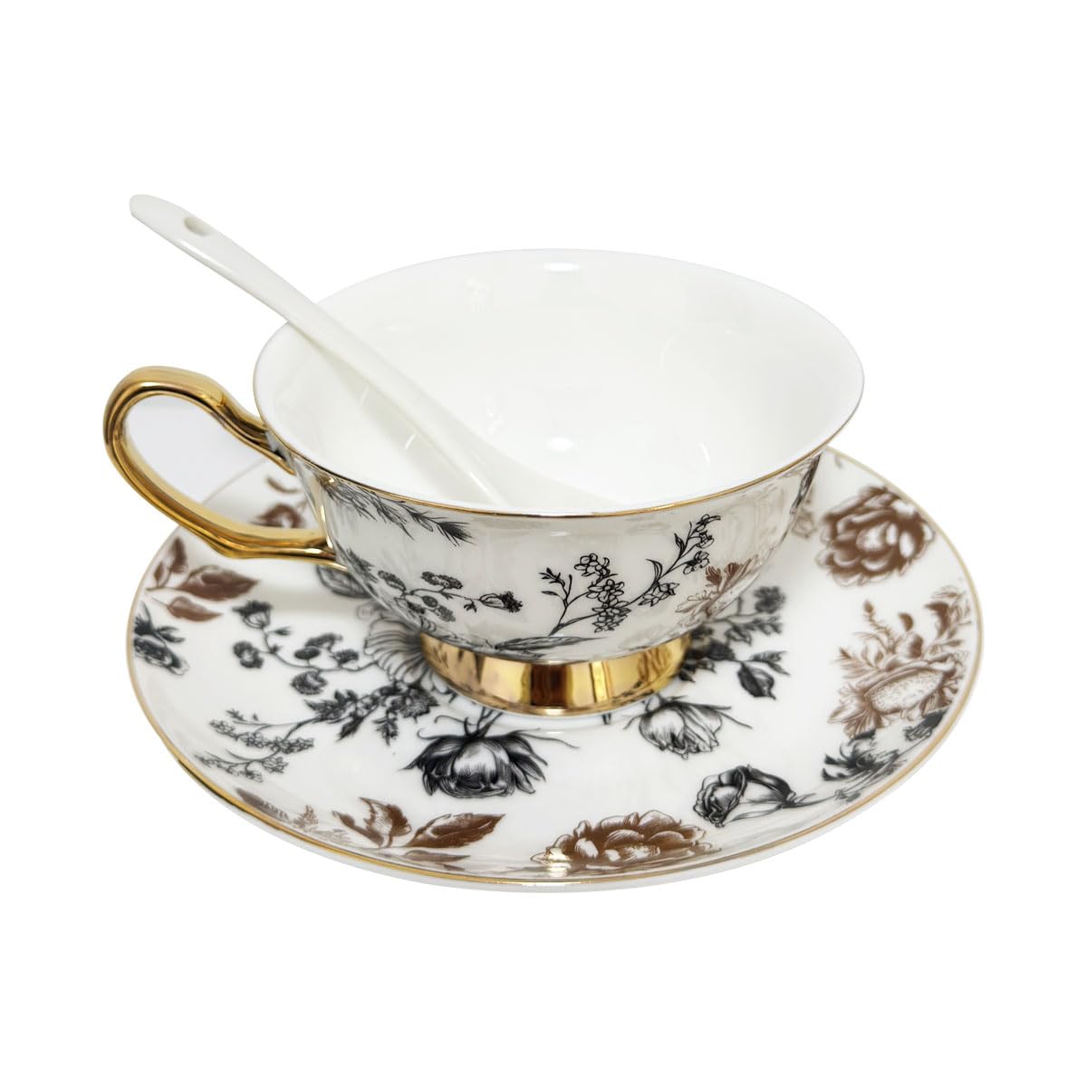 Bone China Floral Tea Cup & Saucer Set with Spoon – 7 oz