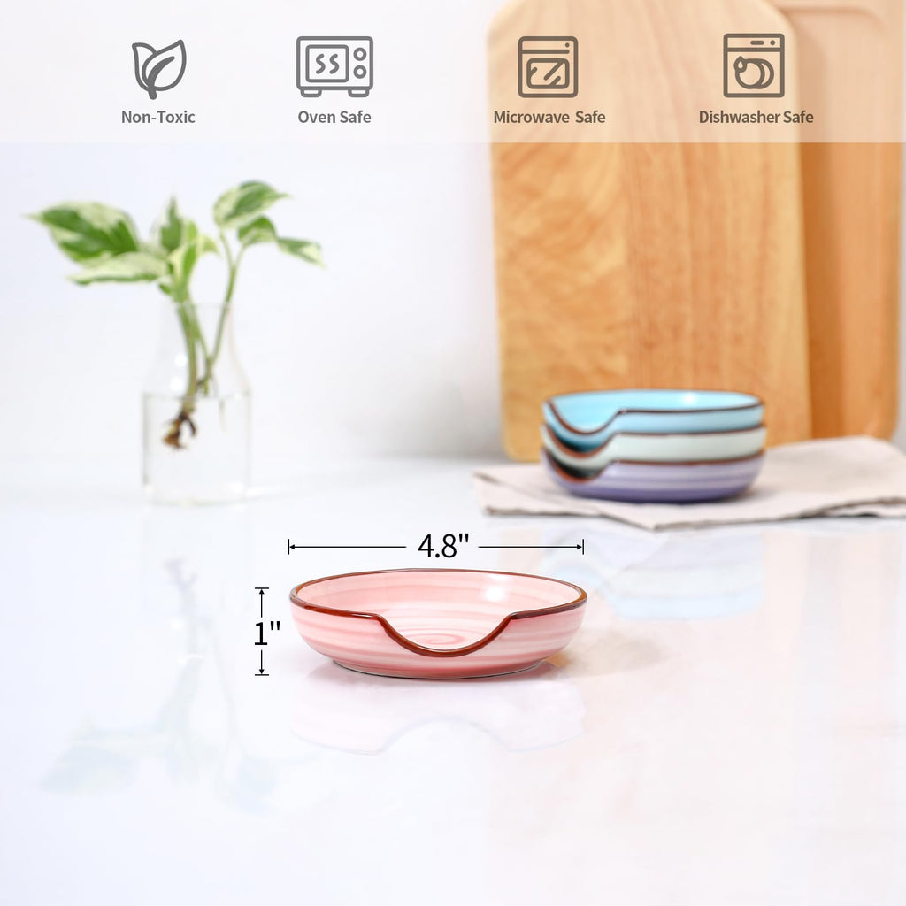 Selamica Ceramic Spoon Rest Set of 4 with Metal Holder – 4.8", Assorted Colors