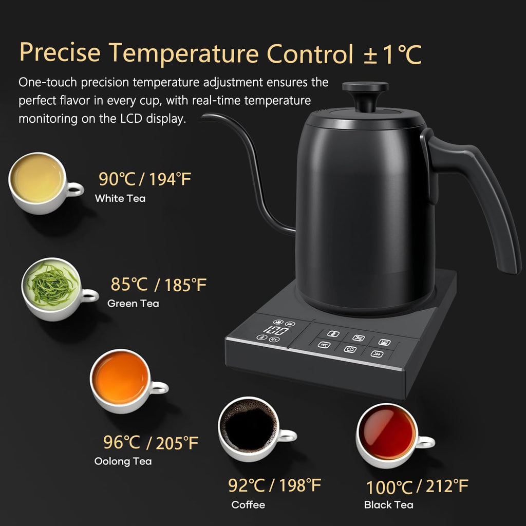 Electric Gooseneck Kettle – ±1°F Temp Control, Brew Timer, 0.6L, 900W
