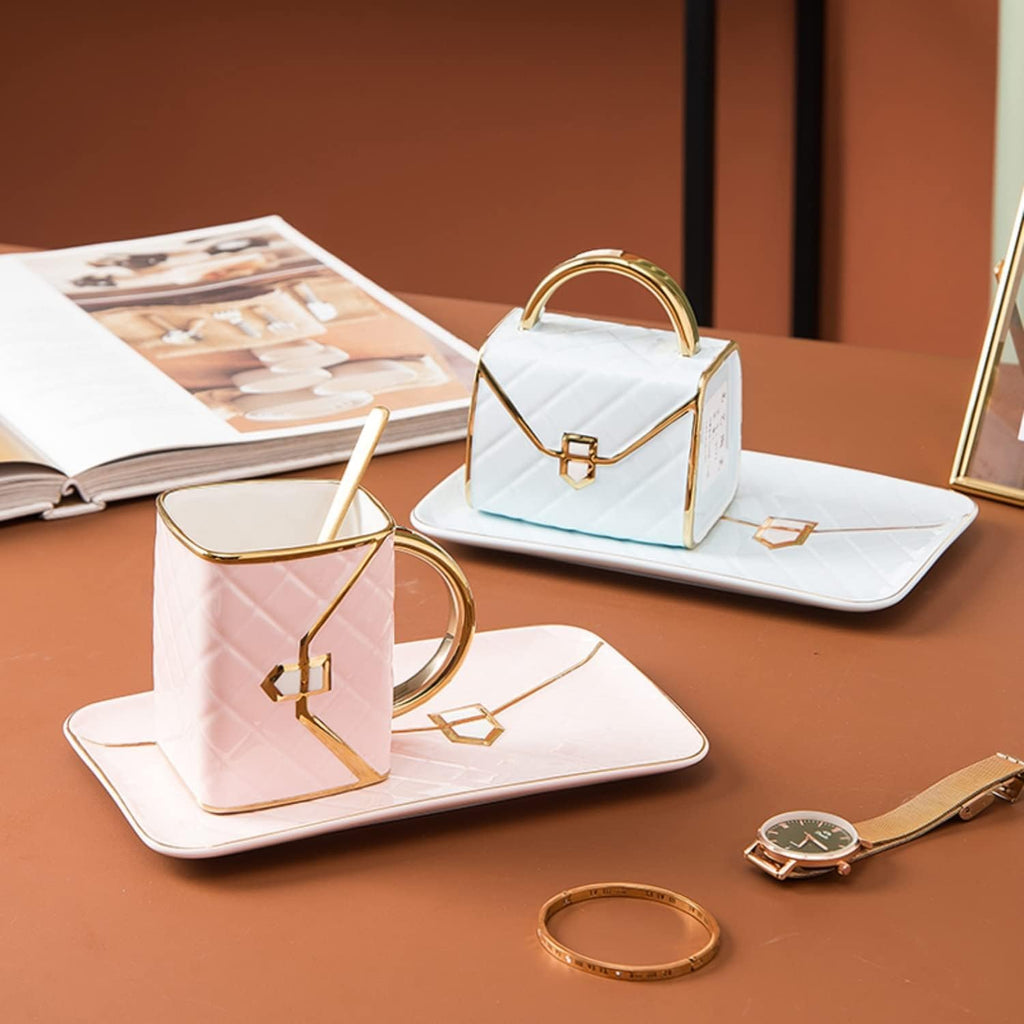 Handbag-Shaped Ceramic Tea & Coffee Mug Set of 4 – Gold Accent, 10 oz