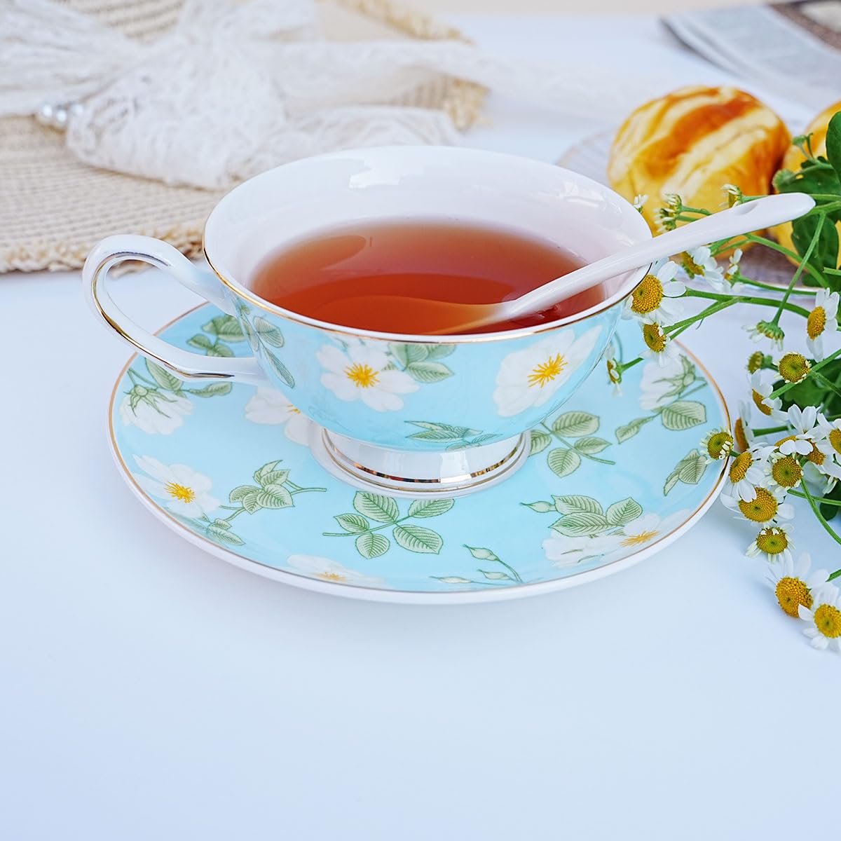 Bone China Floral Tea Cup & Saucer Set with Spoon – 7 oz