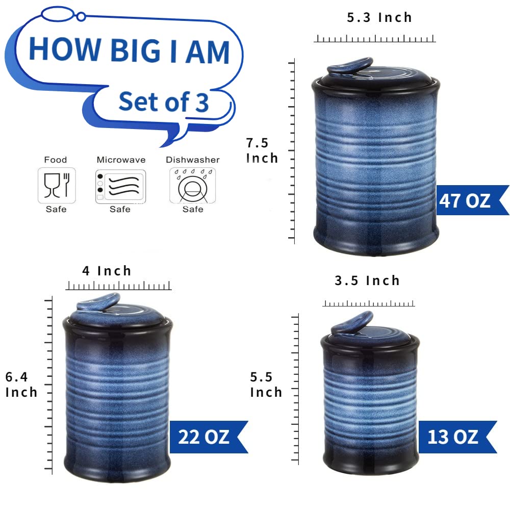 Nihow Blue Ceramic Canister Set of 4 – Airtight Lids, 13/22/47/74 oz, Dishwasher Safe