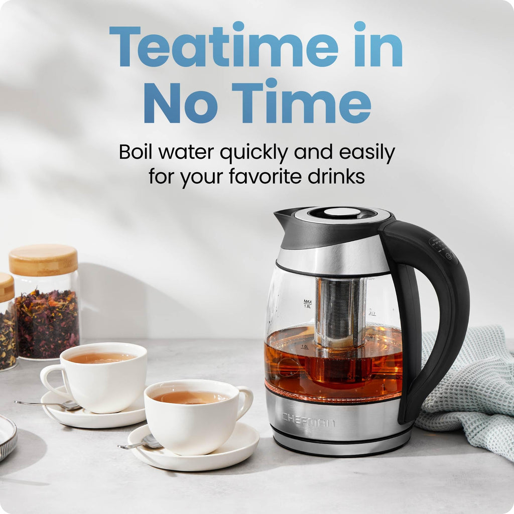 Chefman 1.2L Glass Electric Tea Kettle with Infuser