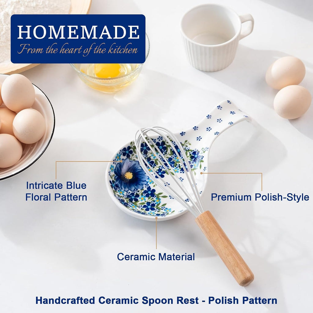 Large Ceramic Spoon Rest – Blue Floral, Heat Resistant, Dishwasher Safe, Gift Box