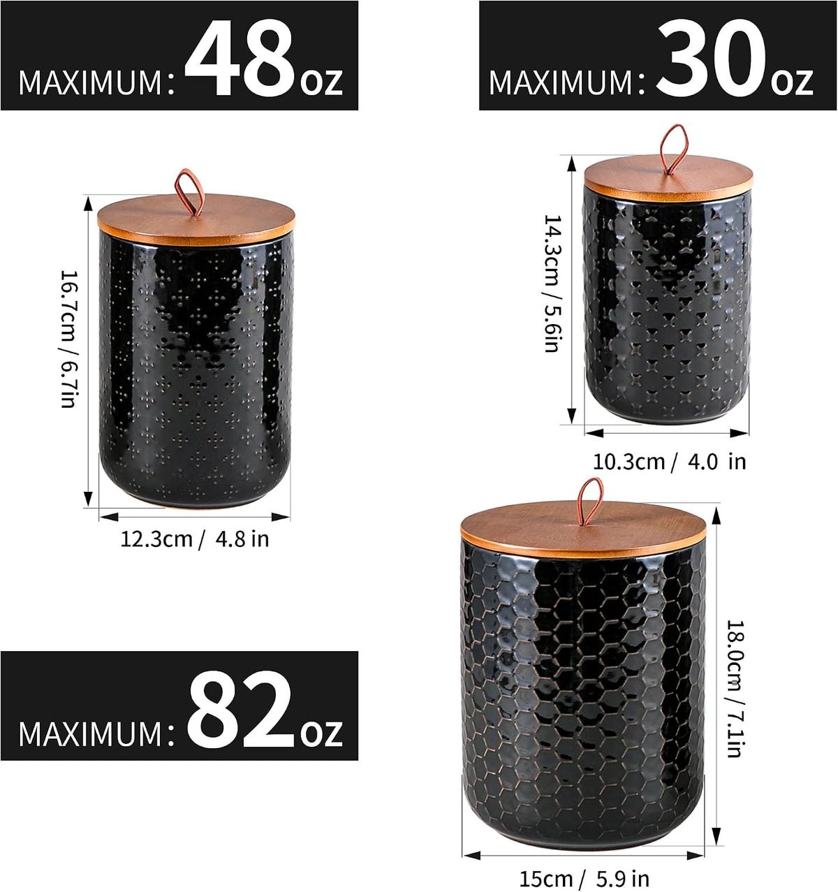 JOJUNO Black Embossed Ceramic Canister Set of 3 – Airtight Bamboo Lids, 30/48/82 oz