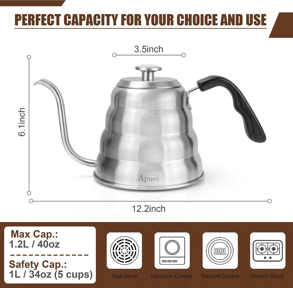 Stovetop Gooseneck Kettle with Thermometer – 40oz Stainless Steel, Pour Over