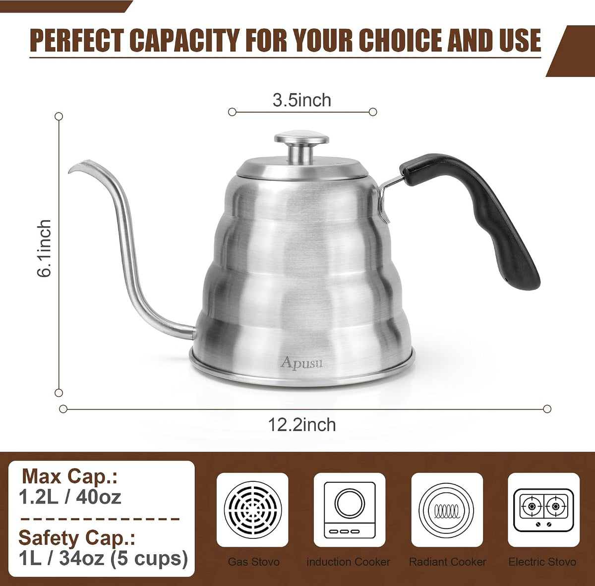 Stovetop Gooseneck Kettle with Thermometer – 40oz Stainless Steel, Pour Over