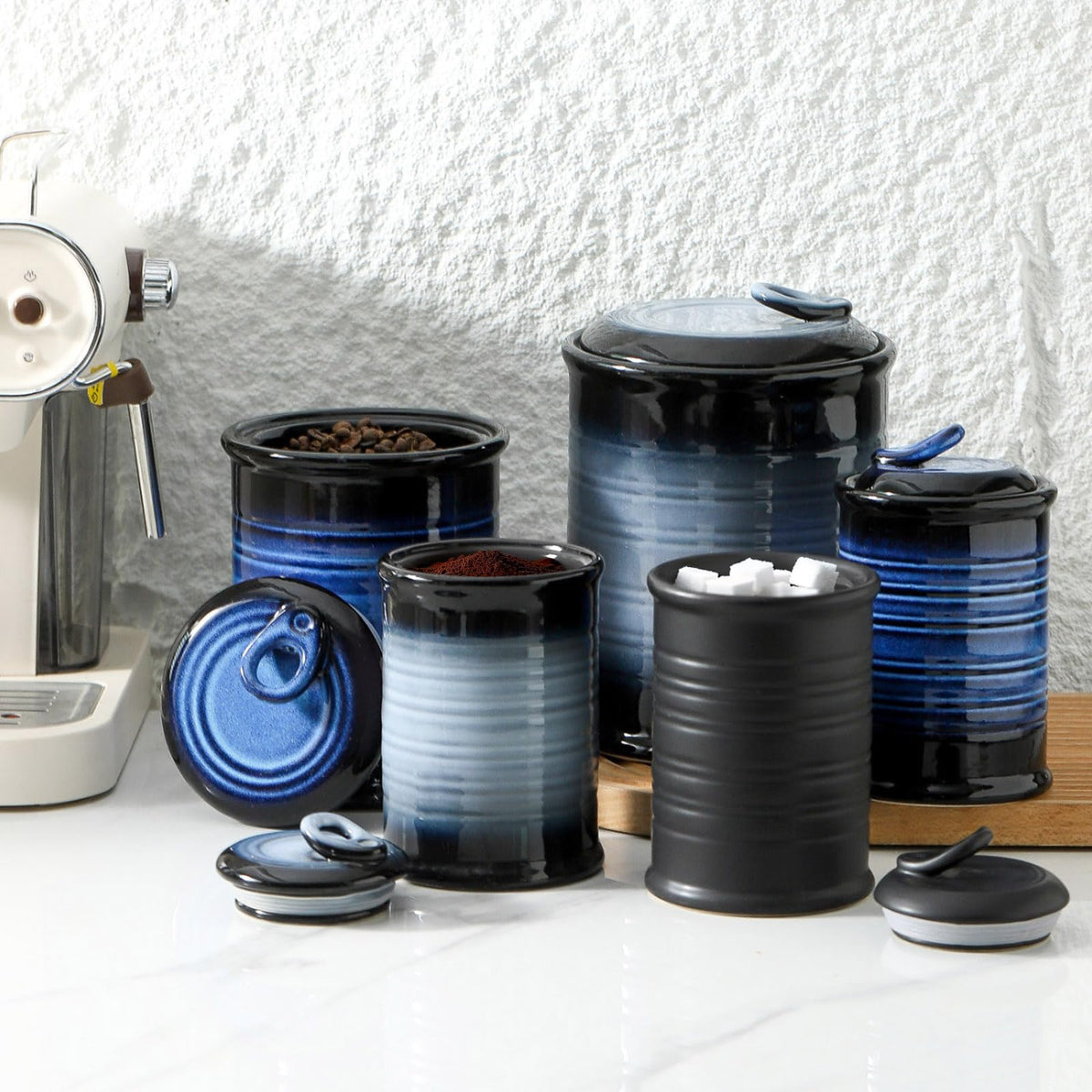 Nihow Blue Ceramic Canister Set of 4 – Airtight Lids, 13/22/47/74 oz, Dishwasher Safe