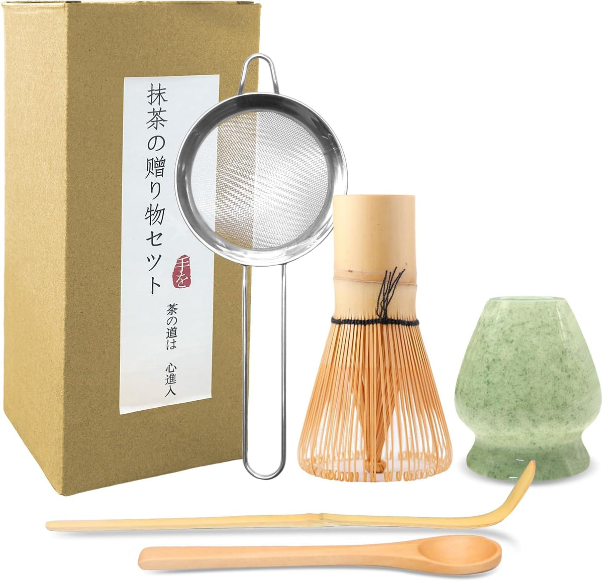 5-Piece Matcha Whisk Set – Green Ceramic Chawan, Bamboo Whisk, Scoop & Sifter