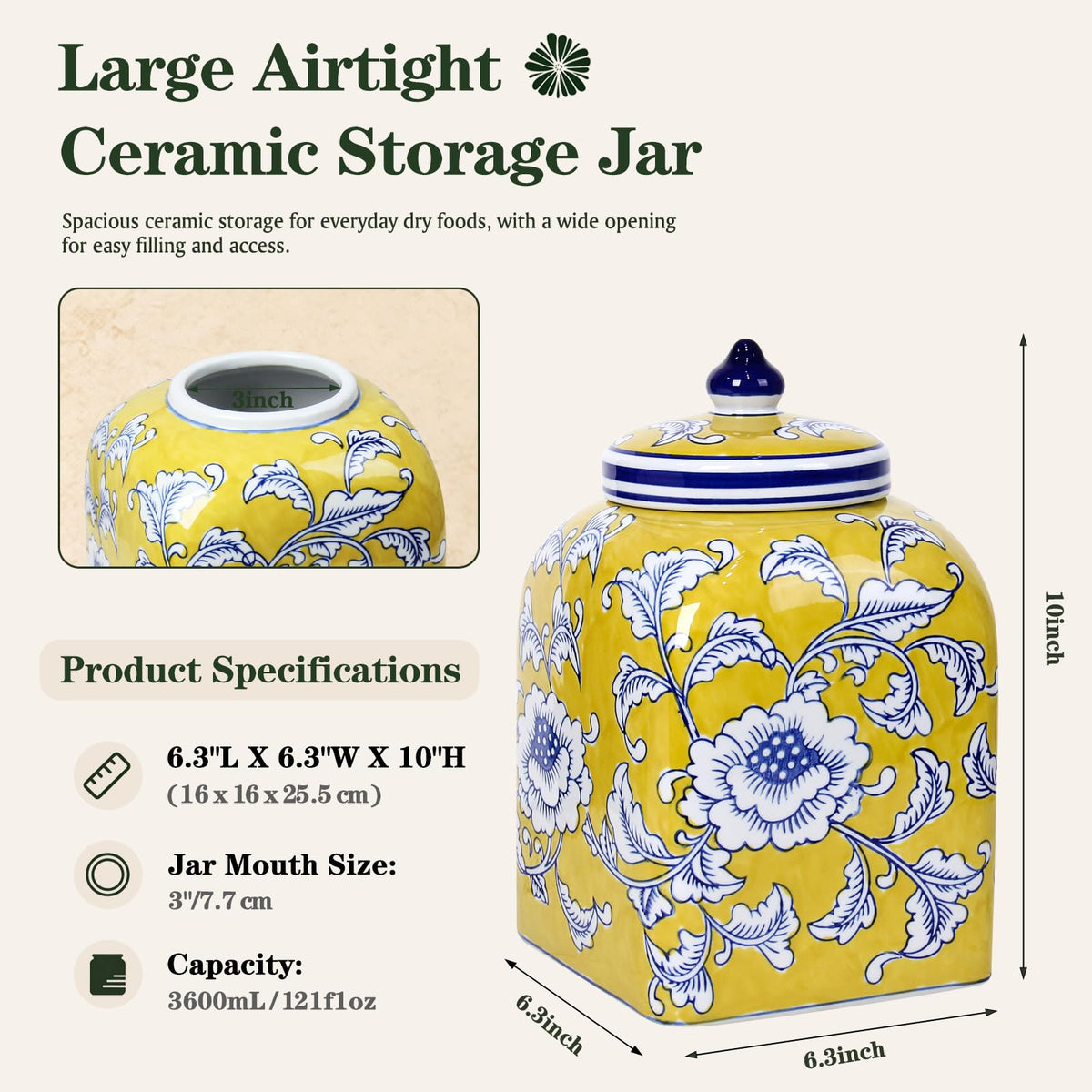 Ceramic Tea & Coffee Canister with Airtight Lid – 10" H, 121 fl oz, Green Peony Chinoiserie