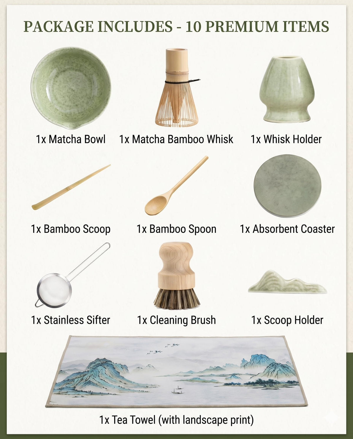 10-Piece Traditional Matcha Set – 450ml Bowl, Whisk, Tea Brush, Cloth & Silicone Coaster