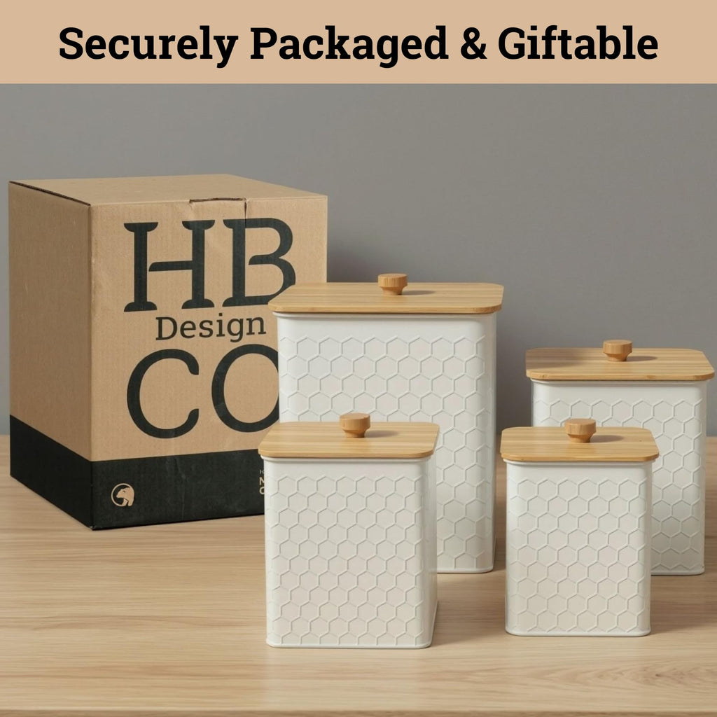 Honeycomb Metal Kitchen Canister Set of 4 – Airtight Bamboo Lids, Matte Black, 1.25–6.5 qt