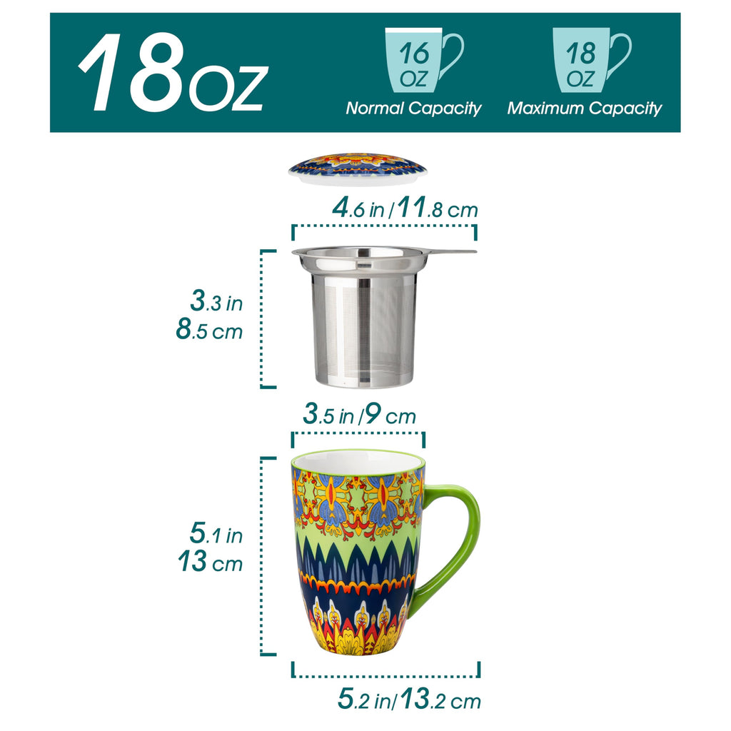 Ceramic Tea Infuser Mug with Lid, 18 oz – Bohemian Forest Daisy Pattern, Microwave & Dishwasher Safe