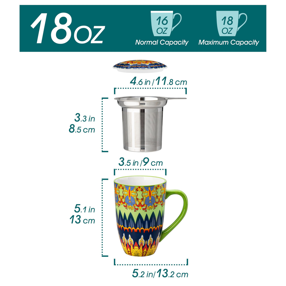 Ceramic Tea Infuser Mug with Lid, 18 oz – Bohemian Forest Daisy Pattern, Microwave & Dishwasher Safe