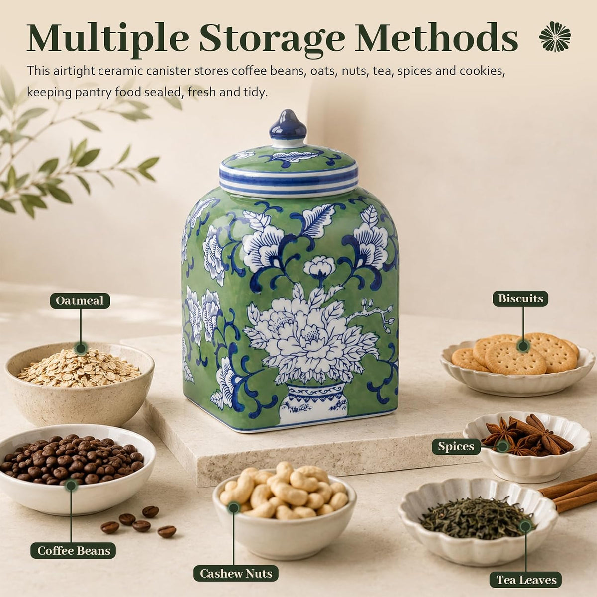 Ceramic Tea & Coffee Canister with Airtight Lid – 10" H, 121 fl oz, Green Peony Chinoiserie