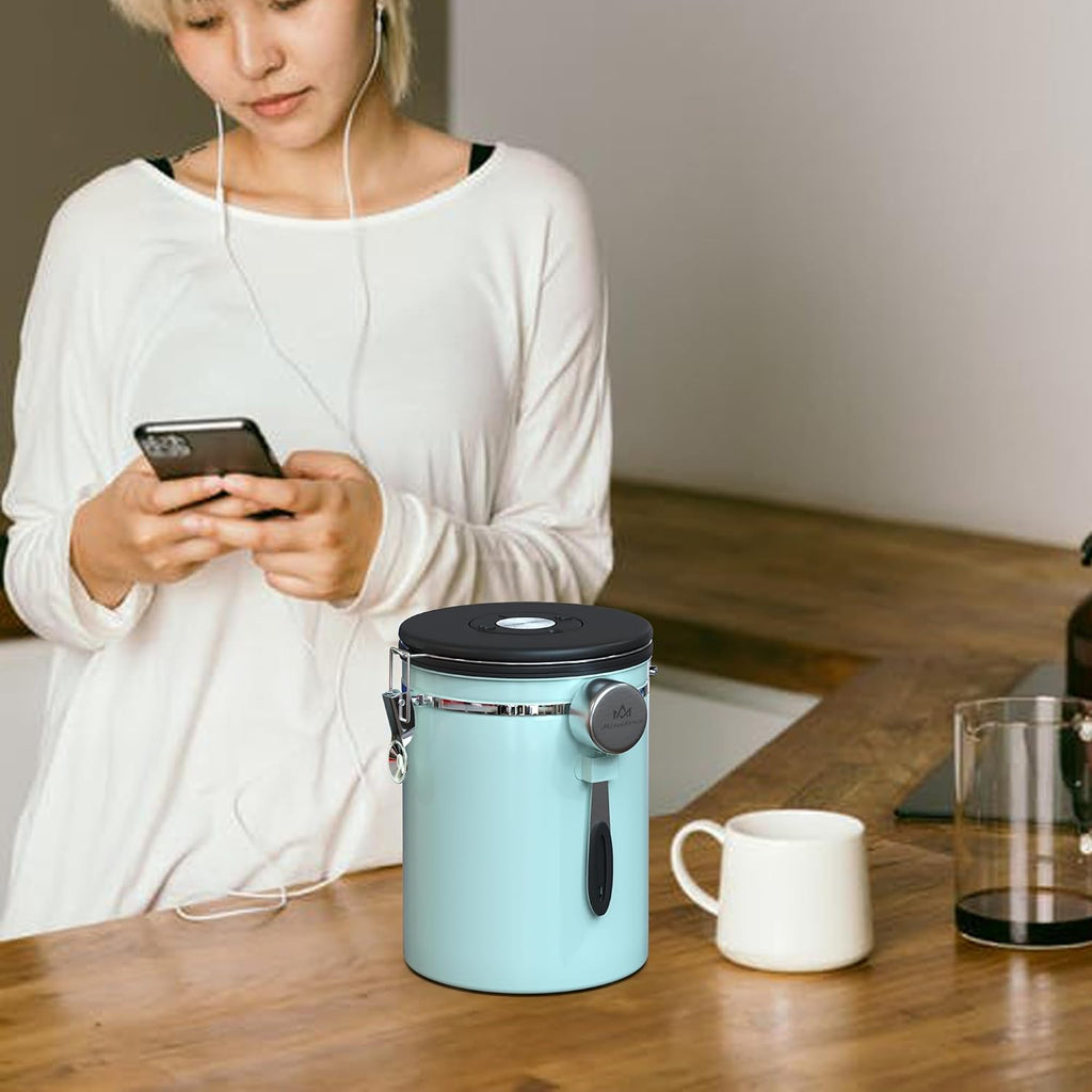 38 oz Stainless Steel Coffee Canister with Date Tracker & CO2 Valve – Mint Green, Airtight