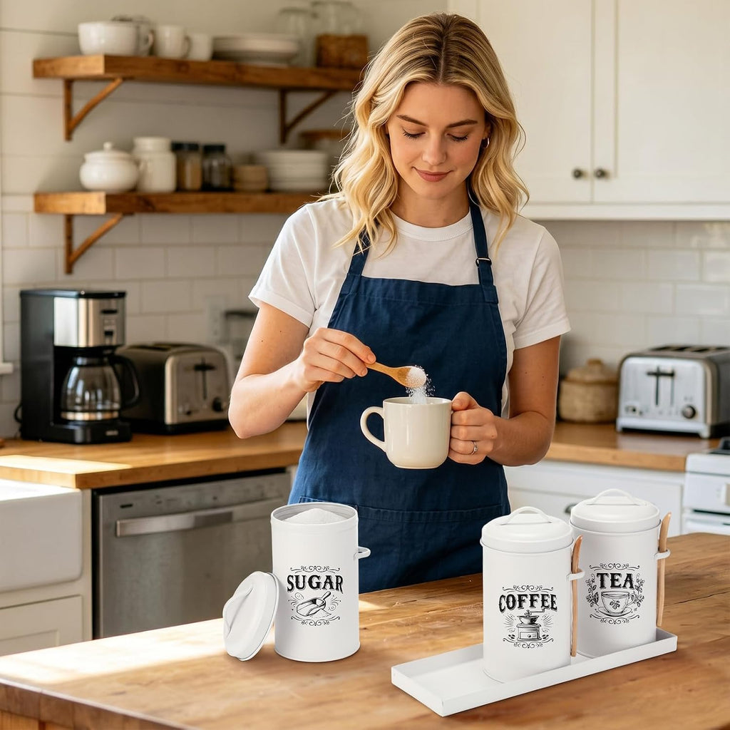 White Coffee, Tea & Sugar Canister Set of 3 with Tray & Wood Scoops – Metal, Airtight, Farmhouse