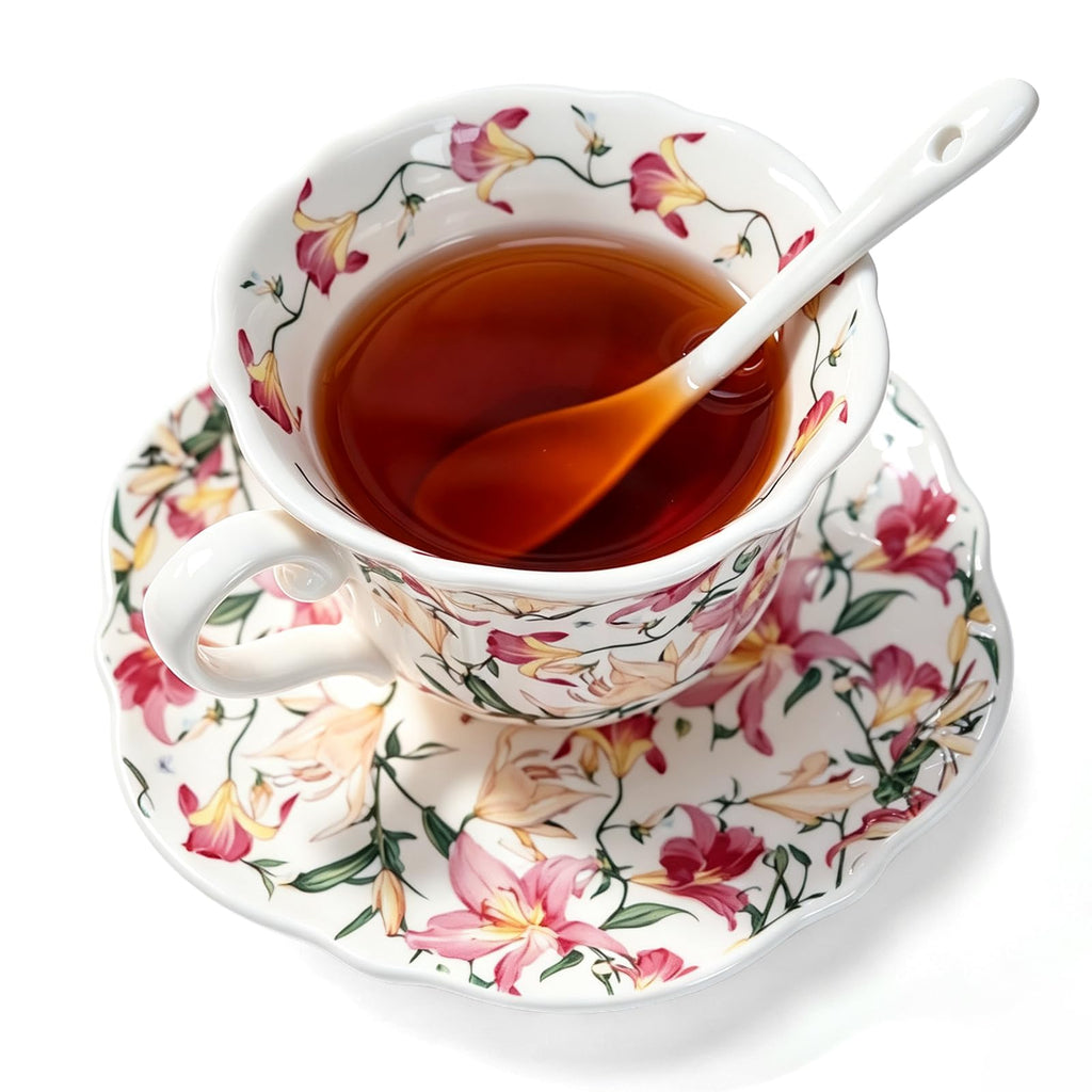 Bone China Floral Tea Cup & Saucer Set with Spoon – 7 oz