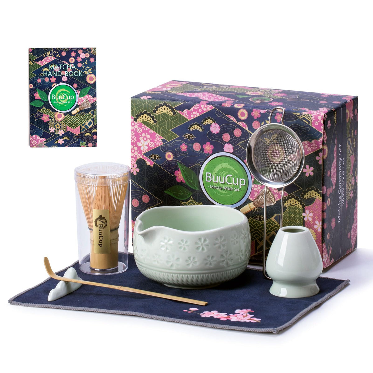 Buucup 7-Piece Green Ceramic Matcha Set – Bowl, Bamboo Whisk, Scoop, Holder, Rest, Sifter & Tea Towel