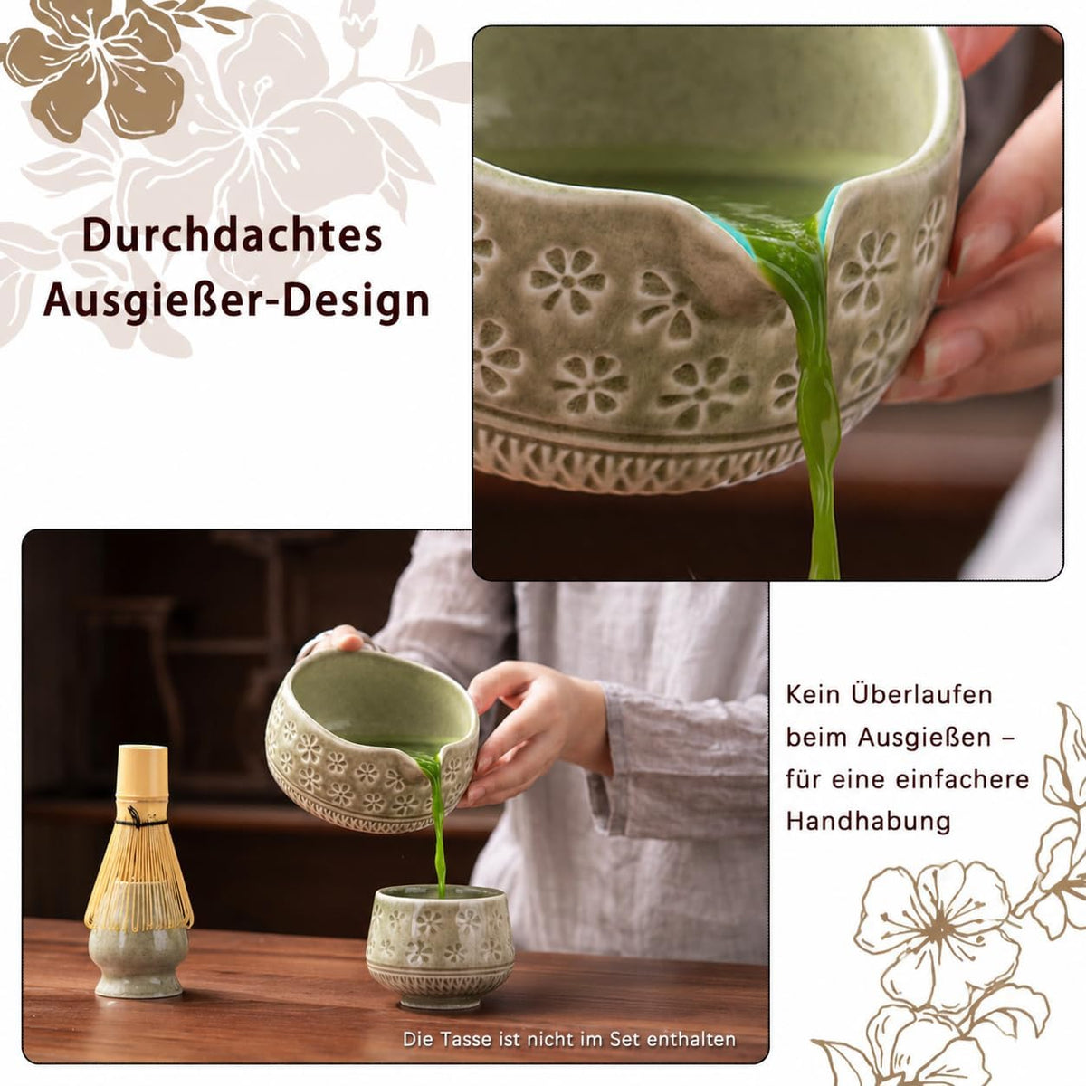 Buucup 7-Piece Green Ceramic Matcha Set – Bowl, Bamboo Whisk, Scoop, Holder, Rest, Sifter & Tea Towel