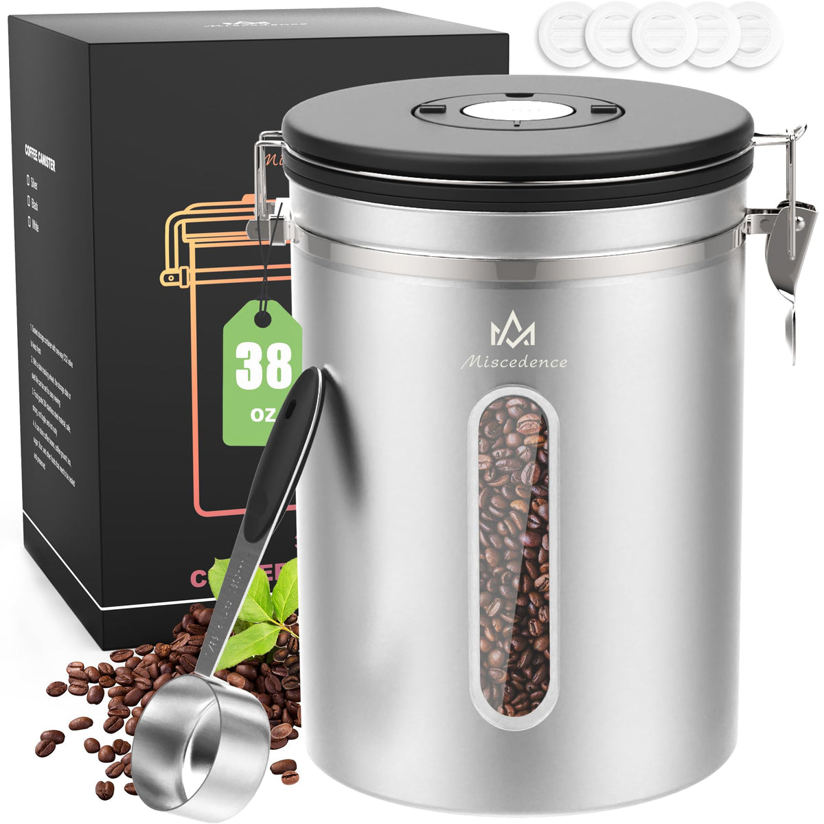 38 oz Stainless Steel Coffee Canister with Date Tracker & CO2 Valve – Mint Green, Airtight