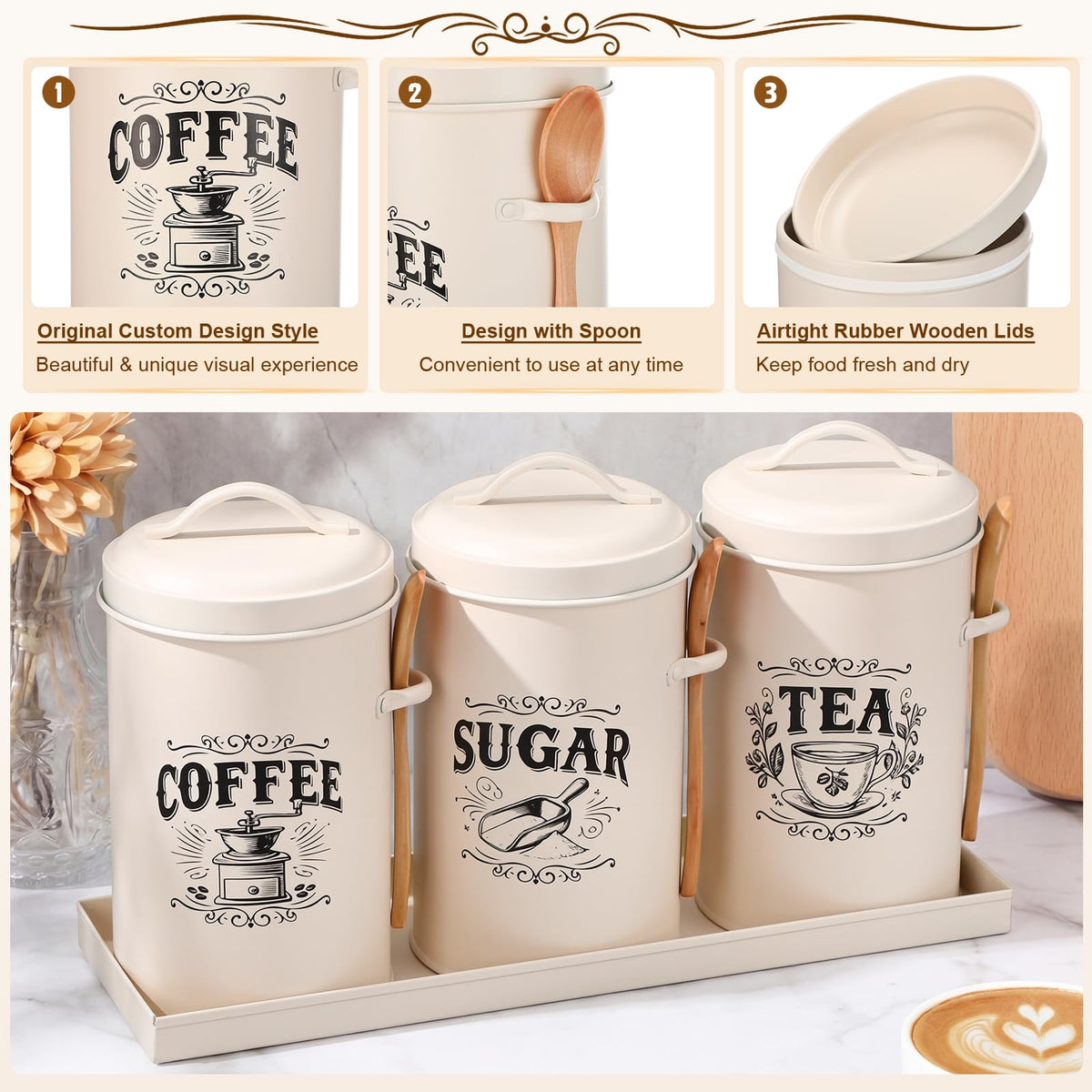 White Coffee, Tea & Sugar Canister Set of 3 with Tray & Wood Scoops – Metal, Airtight, Farmhouse