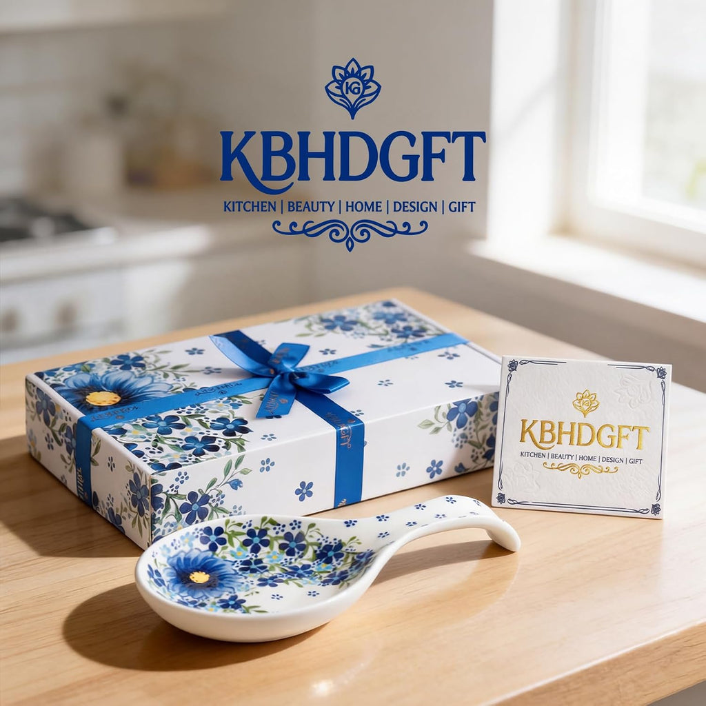 Large Ceramic Spoon Rest – Blue Floral, Heat Resistant, Dishwasher Safe, Gift Box