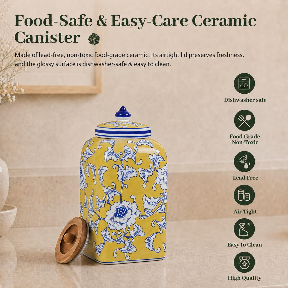 Ceramic Tea & Coffee Canister with Airtight Lid – 10" H, 121 fl oz, Green Peony Chinoiserie