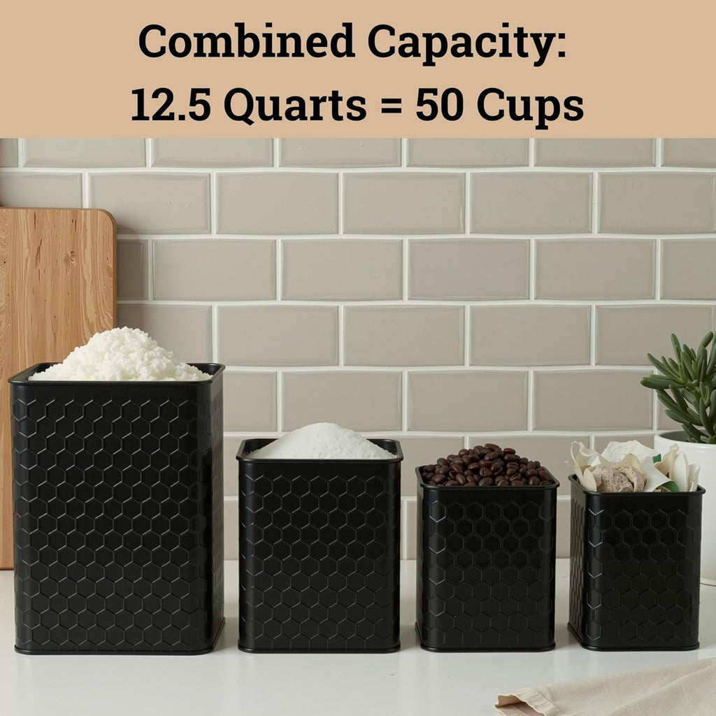 Honeycomb Metal Kitchen Canister Set of 4 – Airtight Bamboo Lids, Matte Black, 1.25–6.5 qt