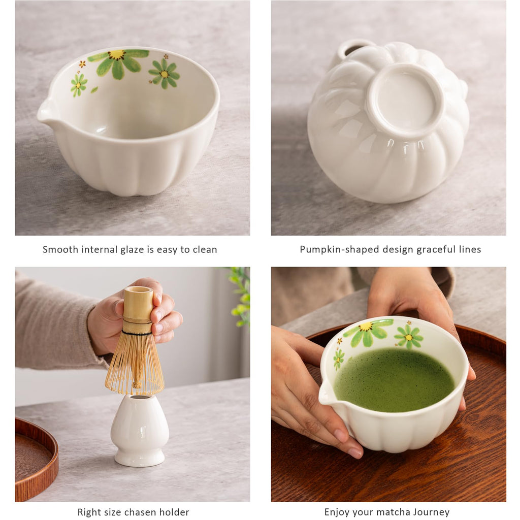 Tang Pin 5-Piece Matcha Set – 15oz Mottled Green Ceramic Bowl, Whisk, Scoop & Chasen Holder