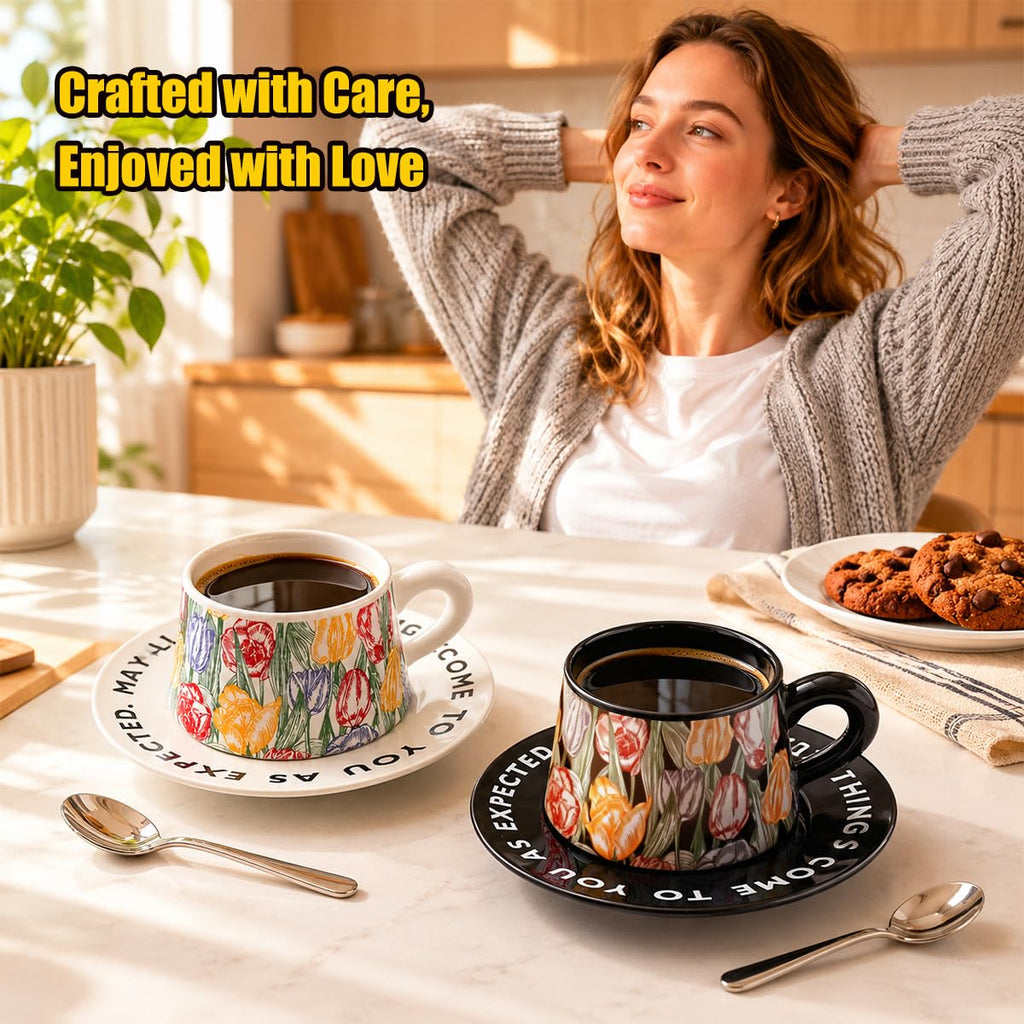 Bone China Floral Tea Cup & Saucer Set with Spoon – 7 oz