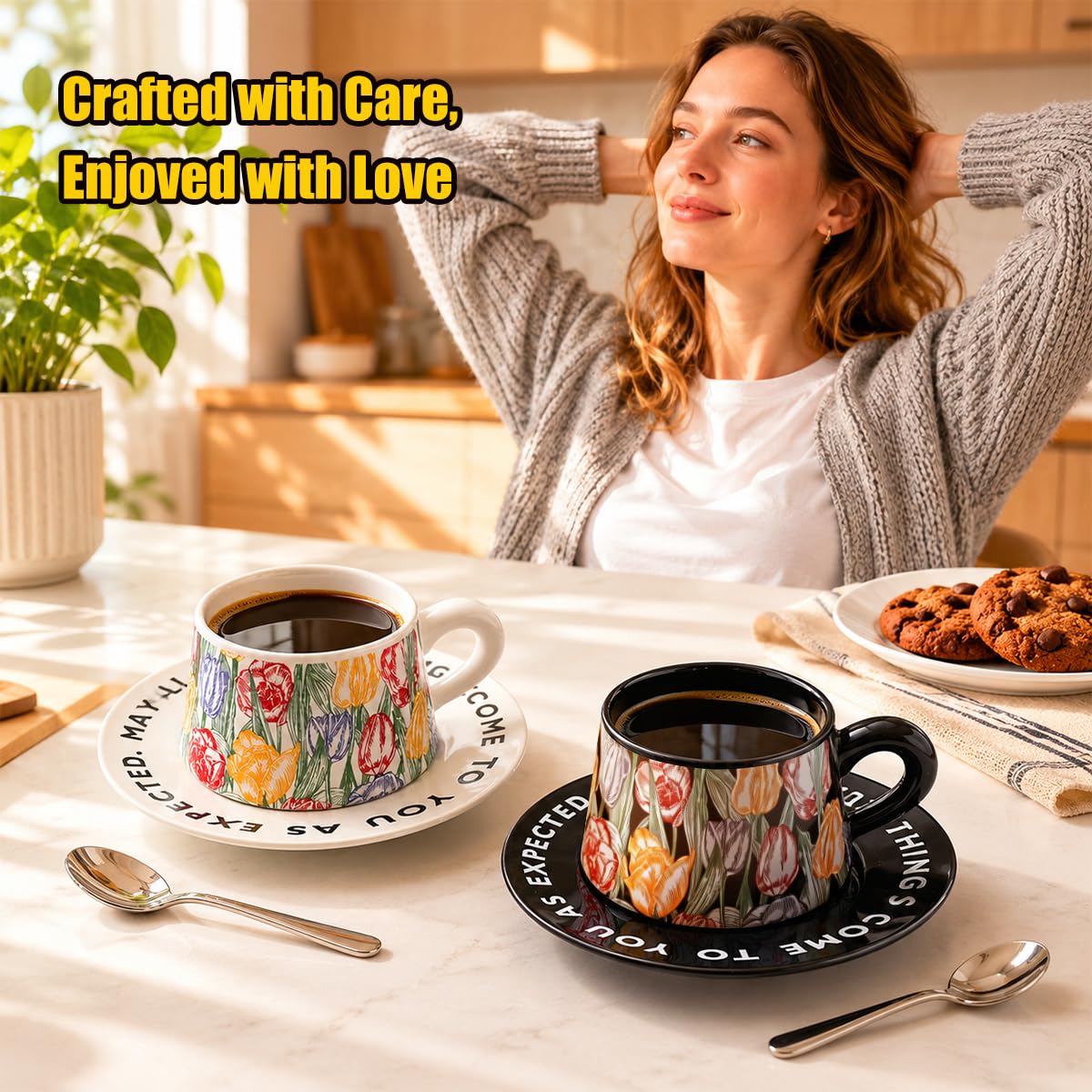 Bone China Floral Tea Cup & Saucer Set with Spoon – 7 oz