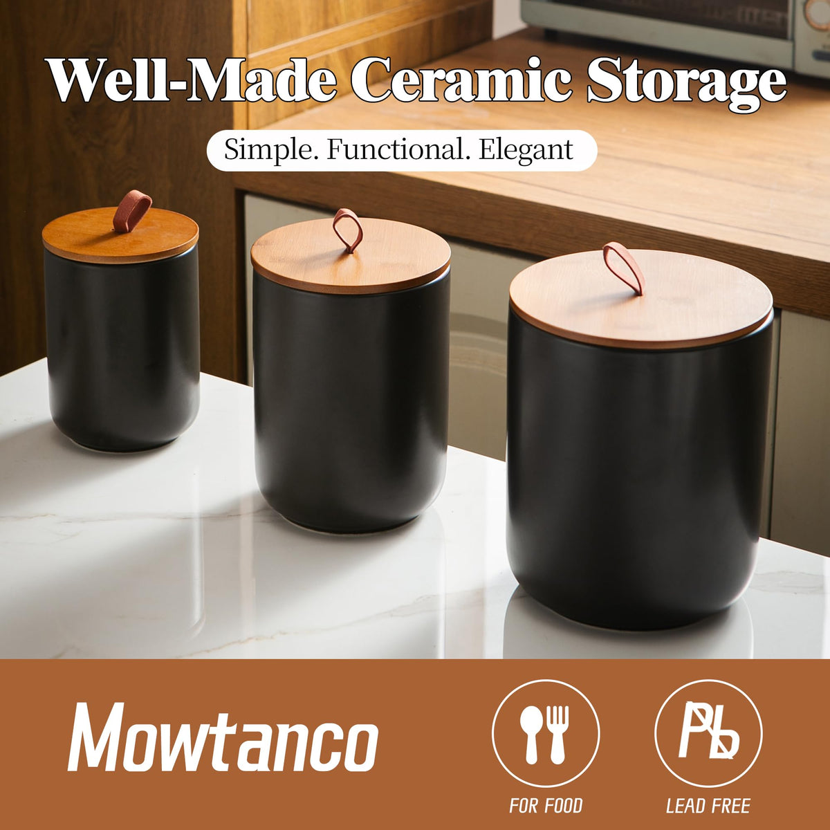 Mowtanco White Embossed Ceramic Canister Set of 3 – Airtight Bamboo Lids, 12/30/48 oz