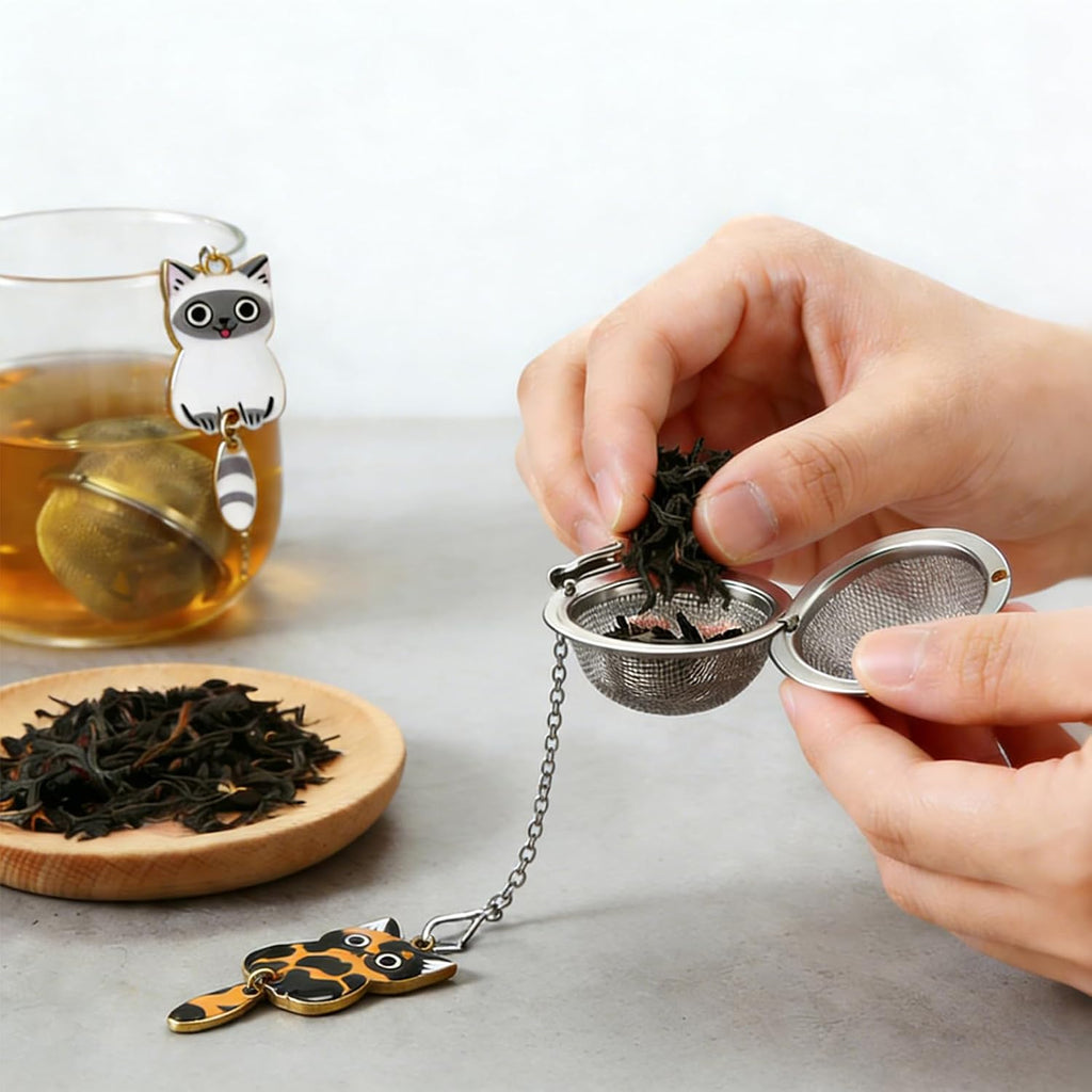 Cat Charm Tea Infuser Set of 2 – Stainless Steel, Moving Tail, Ragdoll & Tortoiseshell