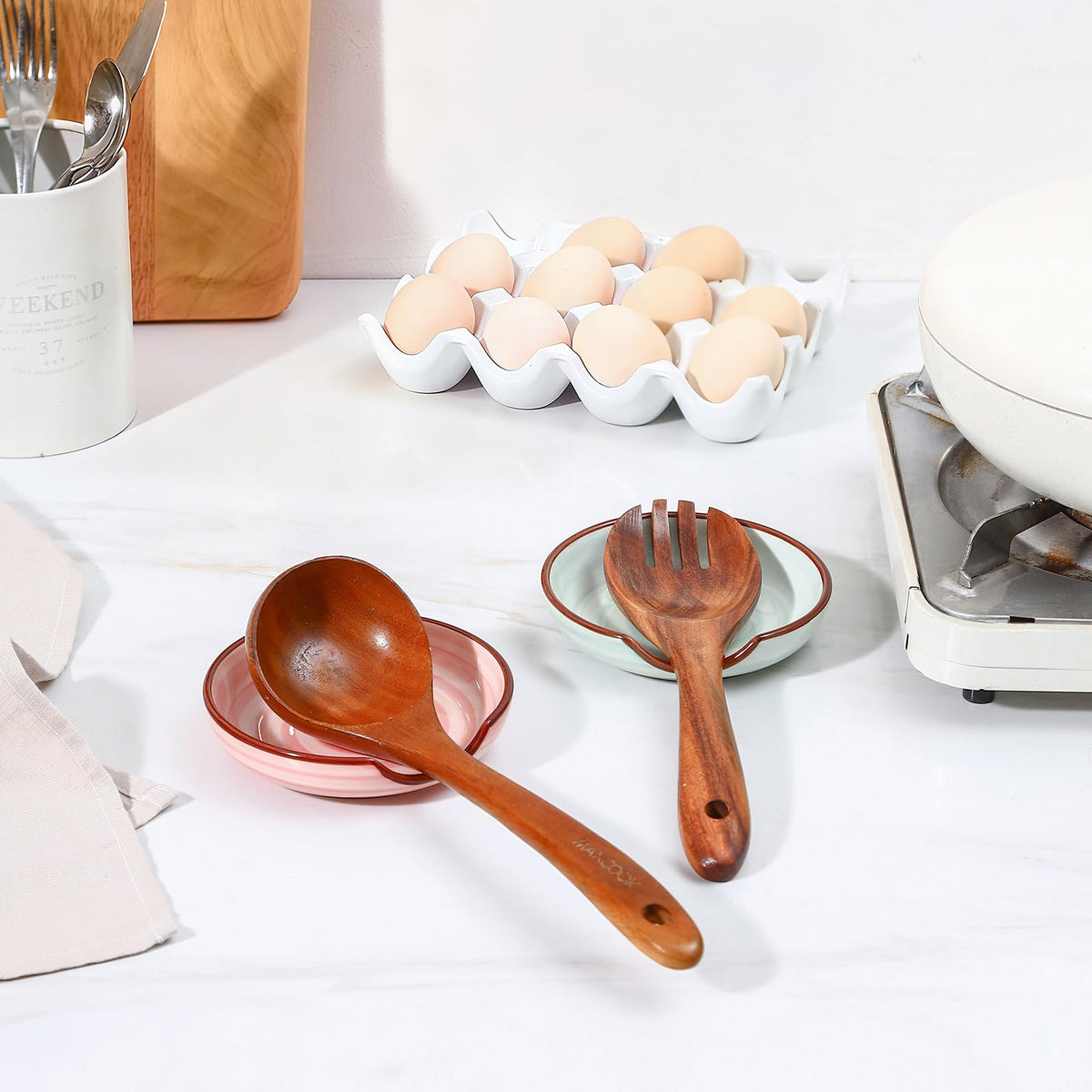Selamica Ceramic Spoon Rest Set of 4 with Metal Holder – 4.8", Assorted Colors