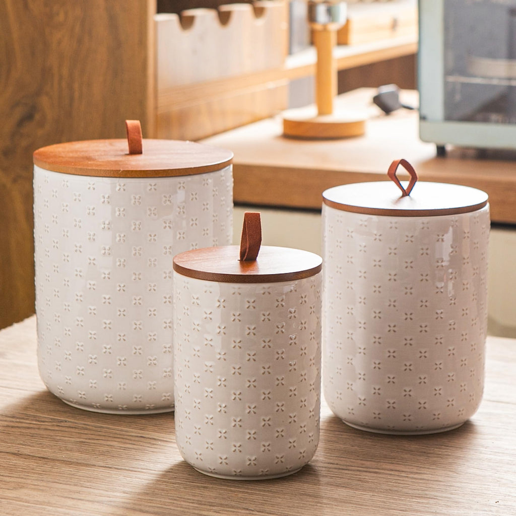 Mowtanco White Embossed Ceramic Canister Set of 3 – Airtight Bamboo Lids, 12/30/48 oz